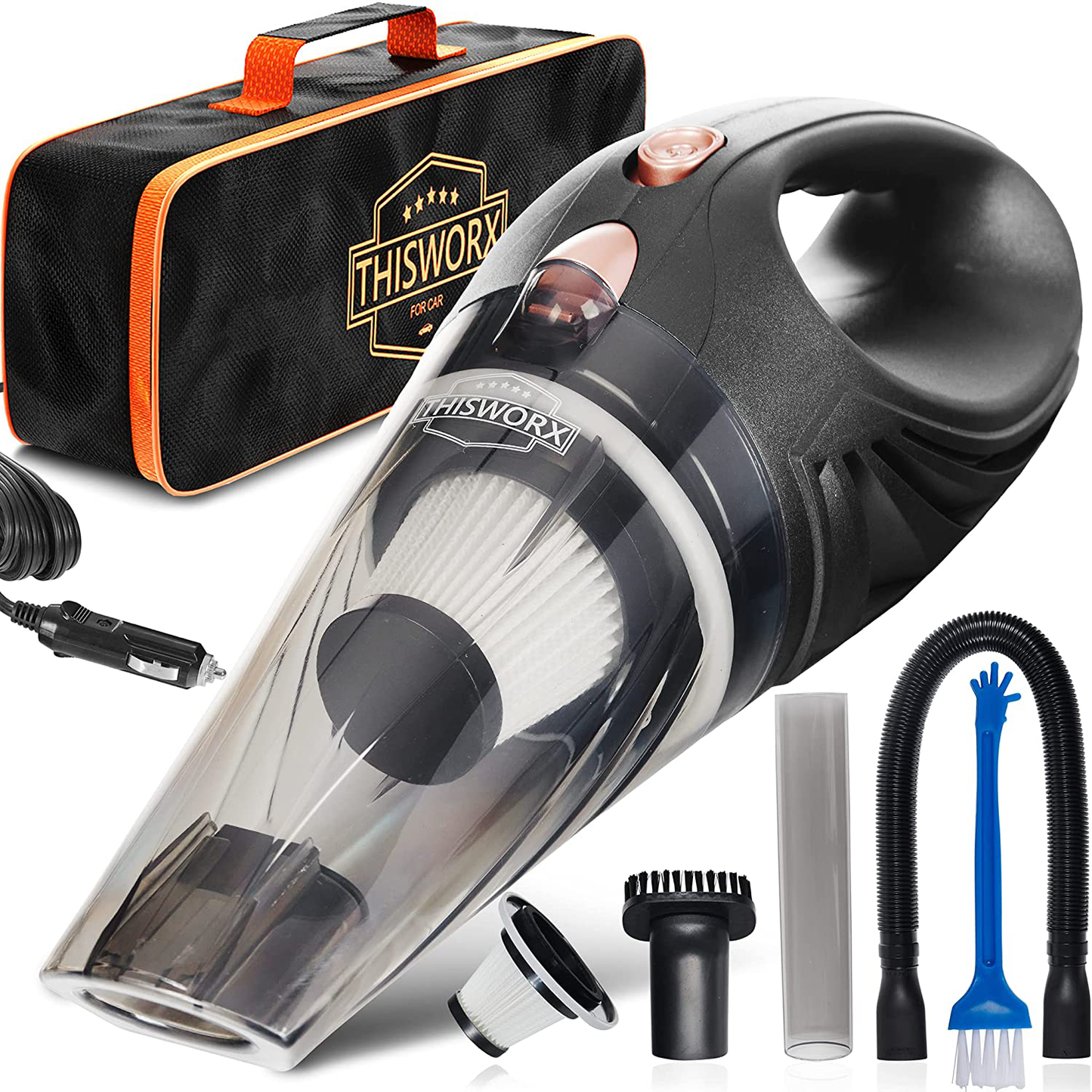 Rynx | Thisworx Car Vacuum Cleaner - Portable, high power, handheld vacuums with 3 attachments, 16 ft cord and bag - 12v, car accessory kit for interior detailing - Black