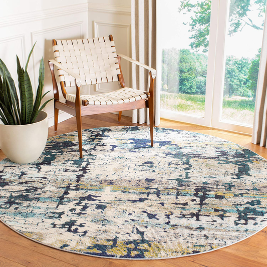 Rynx | Safavieh Madison Collection MAD469B Modern Abstract Non-Shedding Dining Room Entryway Foyer Living Room Bedroom Area Rug, 5' x 5' Round, Cream / Blue