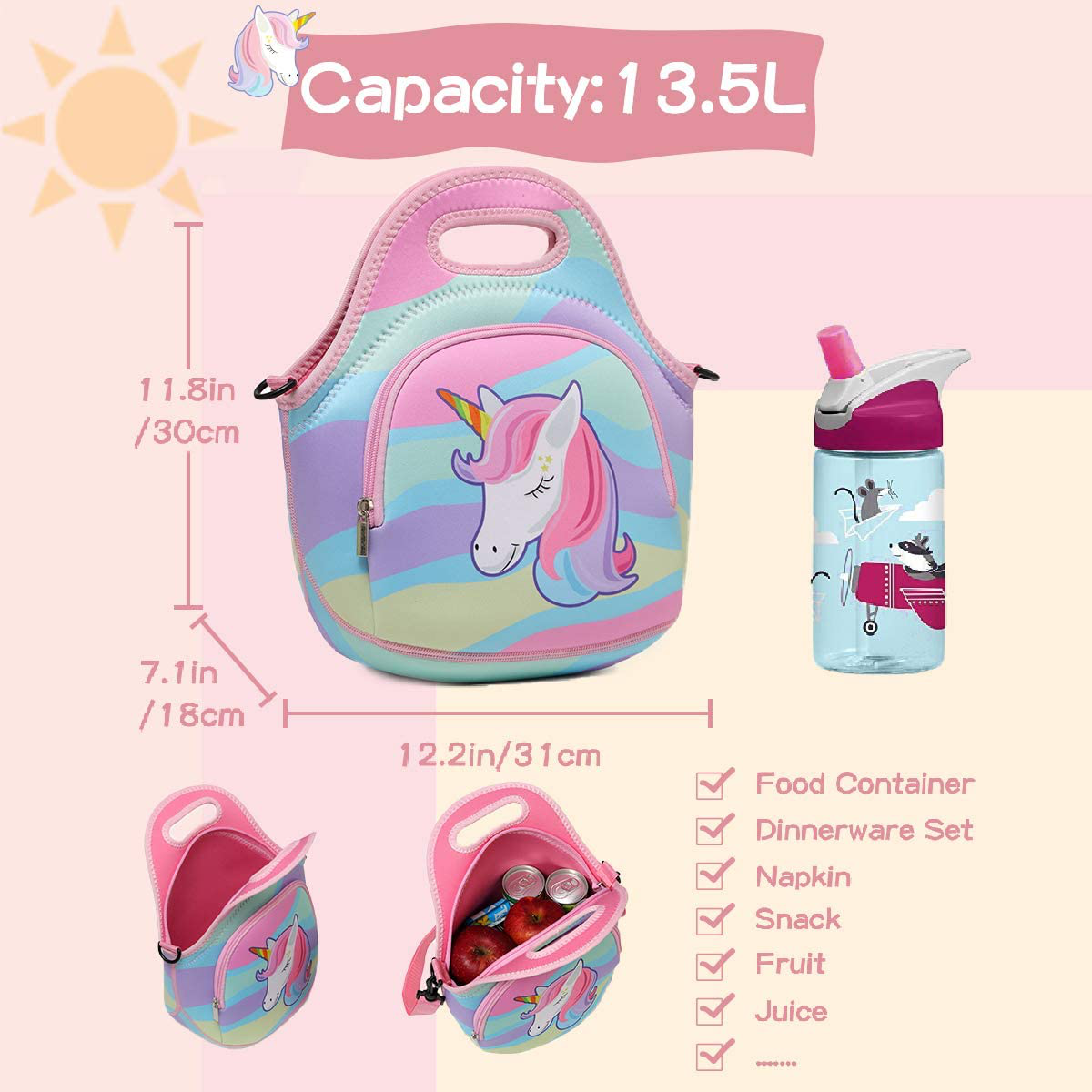 Rynx | Lunch bag for girls, Chasechic cute lightweight neoprene insulated lunch boxes tote for women with detachable adjustable shoulder strap unicorn