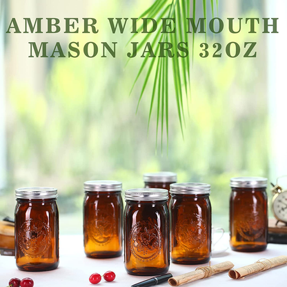 Rynx | Eleganttime Amber Glass Mason Jars 32 Oz Wide Mouth With Airtight Lids And Bands 6 Pack Large Glass Canning Mason Jars With Lids Quart Wide Mason Jars, Great For Canning Jar Pickle Fermenting Jam Jar