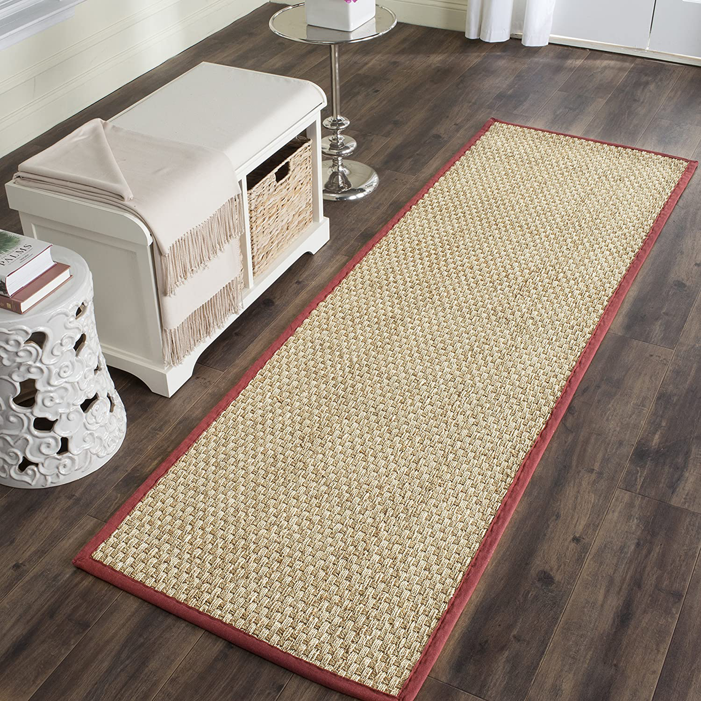 Rynx | Safavieh Natural Fiber Collection NF114D Border Basketweave Seagrass Runner, 2'6" x 8', Red