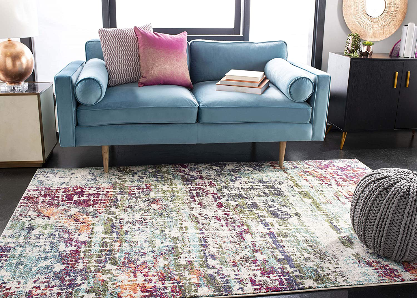Rynx | Safavieh Madison Collection MAD469B Modern Abstract Non-Shedding Dining Room Entryway Foyer Living Room Bedroom Area Rug, 5' x 5' Round, Cream / Blue