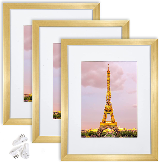 Rynx | Upsimples 8.5x11 Picture Frame Set of 3, Made of High-Resolution Glass for 6x8 with Mat or 8.5x11 without Mat, Wall-Mount Picture Frame Gold