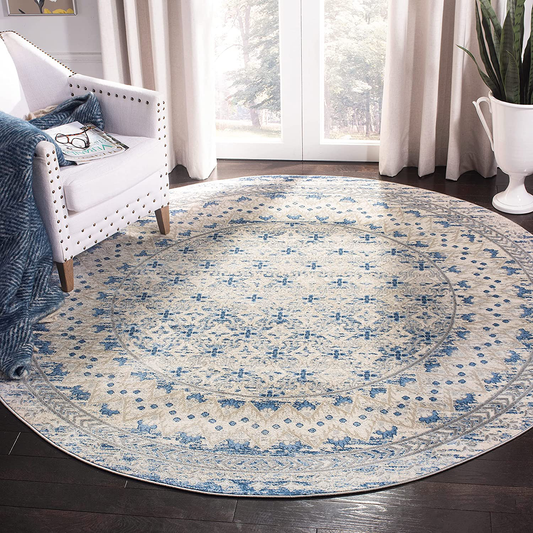 Rynx | Safavieh Brentwood Collection Bnt899g Traditional Oriental Distressed Non-Shedding Stain Resistance Living Room Bedroom Area Rug, 3' X 3' Round, Light Gray / Blue