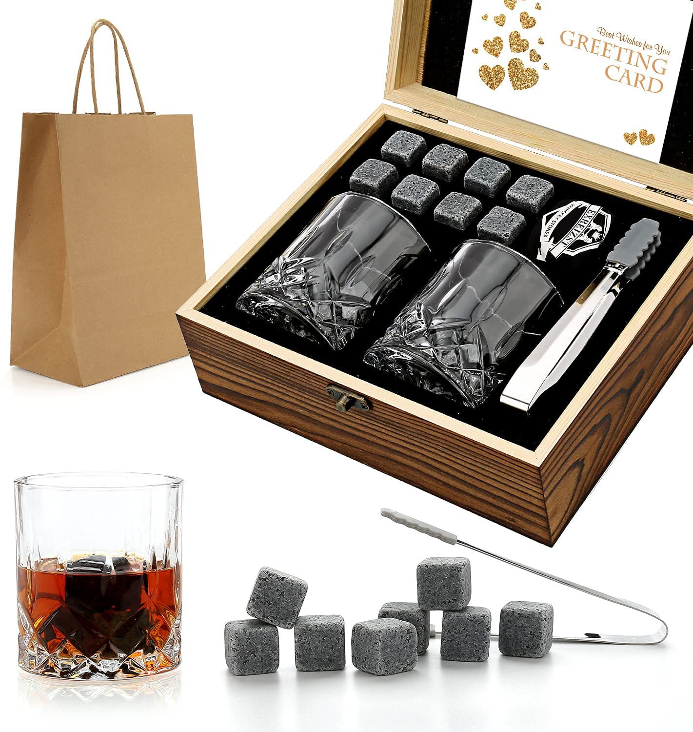 Rynx | Whiskey Stones Gift Set - Whiskey Glass Set of 2 - Granite Cooling Whiskey Stones - Scotch Bourbon Whiskey Glass Gift Box Set - Best Drinking Gifts for Men Dad Husband Birthday Party Holiday Gift