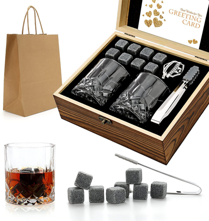 Rynx | Whiskey Stones Gift Set - Whiskey Glass Set of 2 - Granite Cooling Whiskey Stones - Scotch Bourbon Whiskey Glass Gift Box Set - Best Drinking Gifts for Men Dad Husband Birthday Party Holiday Gift
