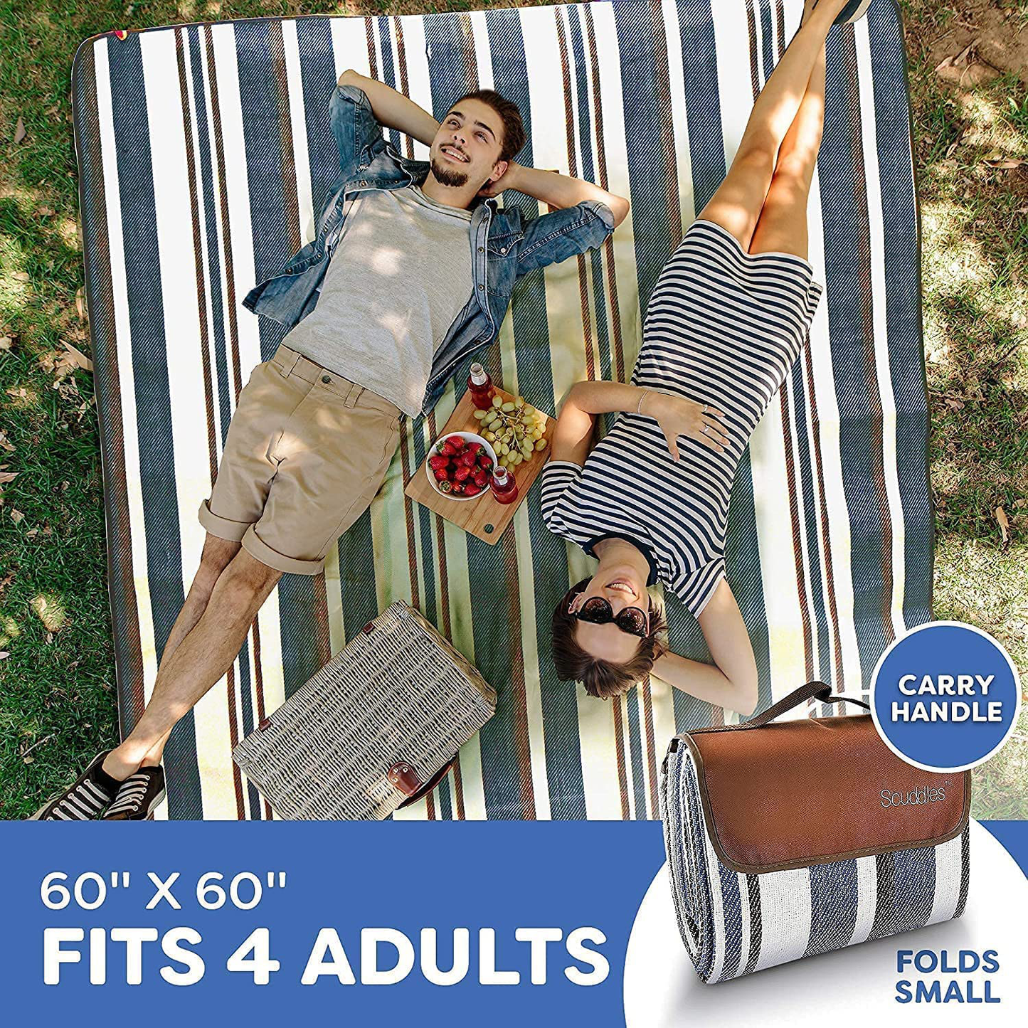 Rynx | Extra Large Picnic Blanket Double Layer for Outdoor Waterproof Practical Mat Tote Our Summer Blue and White Striped for the Beach, Camping on Grass