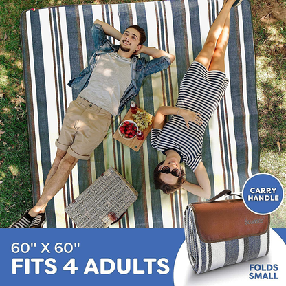Rynx | Extra Large Picnic Blanket Double Layer for Outdoor Waterproof Practical Mat Tote Our Summer Blue and White Striped for the Beach, Camping on Grass