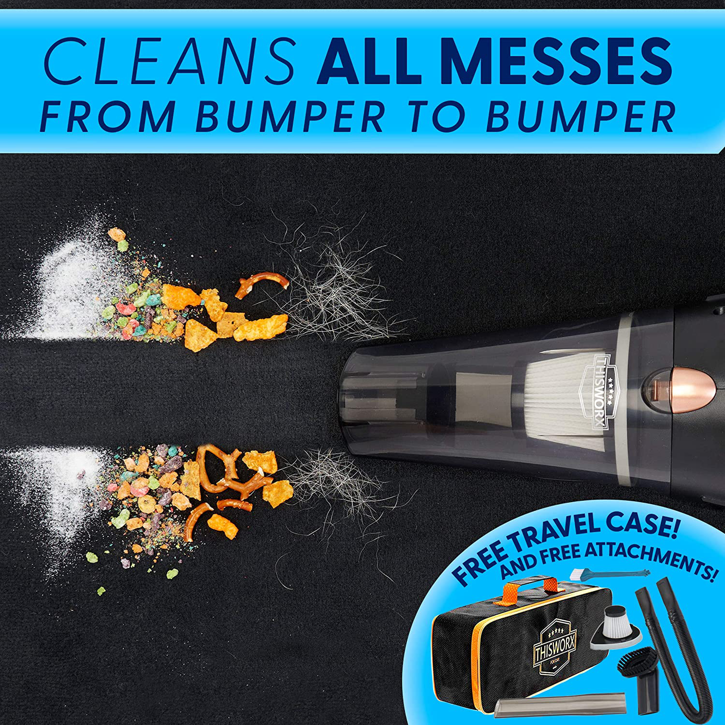 Rynx | Thisworx Car Vacuum Cleaner - Portable, high power, handheld vacuums with 3 attachments, 16 ft cord and bag - 12v, car accessory kit for interior detailing - Black