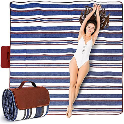 Rynx | Extra Large Picnic Blanket Double Layer for Outdoor Waterproof Practical Mat Tote Our Summer Blue and White Striped for the Beach, Camping on Grass