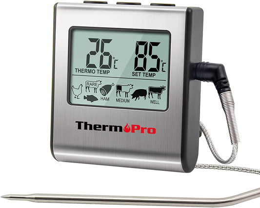 Rynx | ThermoPro TP-16 Large LCD Digital Cooking Mat Meat Smoker Kitchen BBQ Grill Thermometer Clock Timer with Stainless Steel Probe