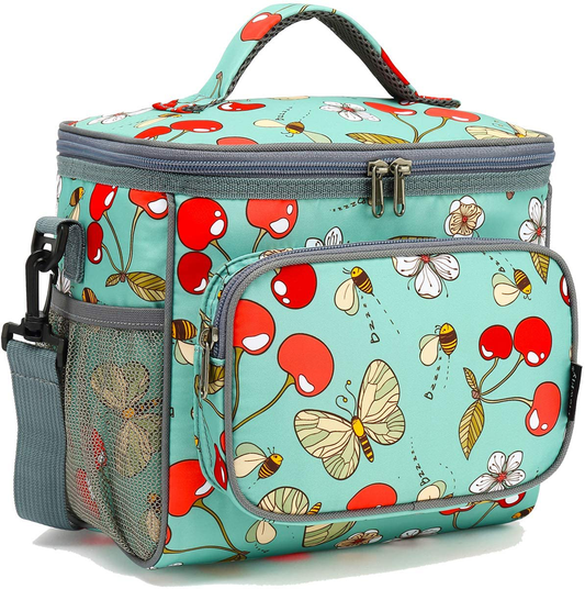 Rynx | Flowfly Insulated Reusable Lunchbox Adult Large Bento Box For Women And Men With Adjustable Shoulder Strap Front Zipper Pocket And Double Large Mesh Pocket, Turquoise#Cherry