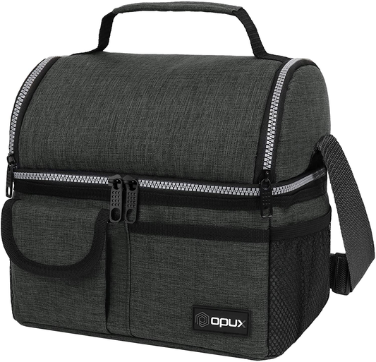 Rynx | Opux Insulated Double Compartment Lunch Bag For Men, Women | Double Decker Reusable Lunch Cooler Bag With Shoulder Strap, Soft Leakproof Lining | Large Lunch Box Tote For Work, School (Coal)