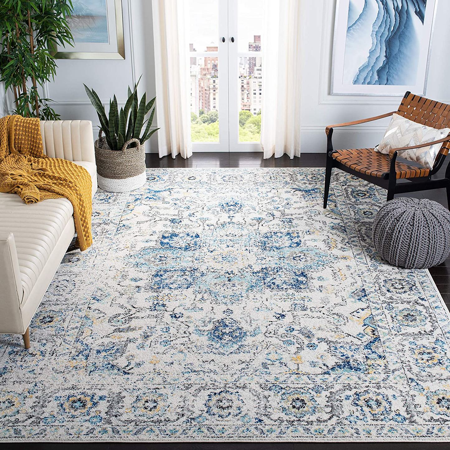 Rynx | Safavieh Madison Collection MAD603K Oriental Snowflake Medallion Distressed Non-Shedding Stain Resistance Living Room Bedroom Area Rug, 4' x 4' Square, Turquoise / Ivory