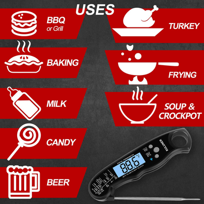 Rynx | KULUNER TP-01 Waterproof Digital Type Thermometer with 4.6” Foldable Probe Backlight & Calibration Function for Cooking Food Candy, BBQ Grill, Liquids, Beef (Red)