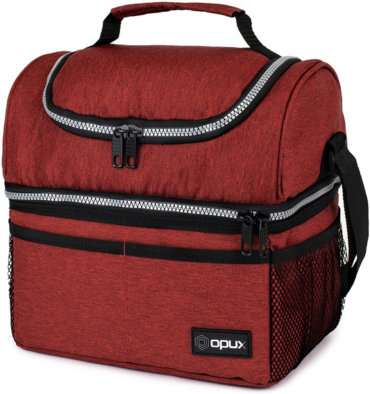 Rynx | Insulated Double Layer Lunch Box For Men, Women | Double Deck Reusable Cooler Lunch Box With Shoulder Strap, Leak-Proof Lining | Medium Lunch Box For School, Work, Office (Heather Red)