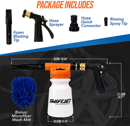 Rynx | SwiftJet Car Wash Foam Cannon Sprayer with Microfiber Wash Mitt - Adjustable Water Pressure & Soap Ratio - Foam Cannon Attaches to Any Garden Hose (Foam Sprayer with Wash Mitt)