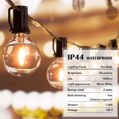 Rynx | 25Ft Waterproof Globe Patio Hanging Lights With 27 Edison Clear Bulbs