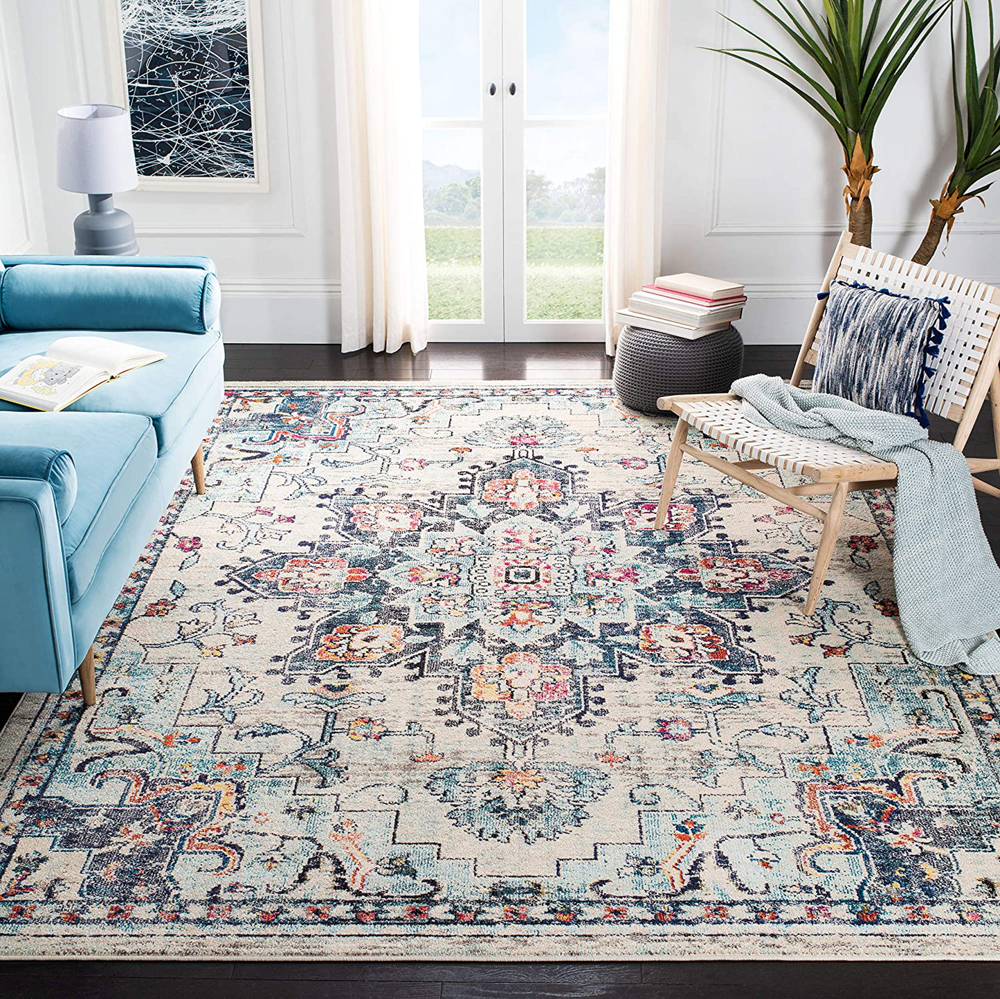Rynx | Safavieh Madison Collection Mad473a Boho Chic Medallion Distressed Non-Shedding Stain Resistant Living Room Bedroom Accent Rug, 2'2" X 4', Fuchsia / Blue