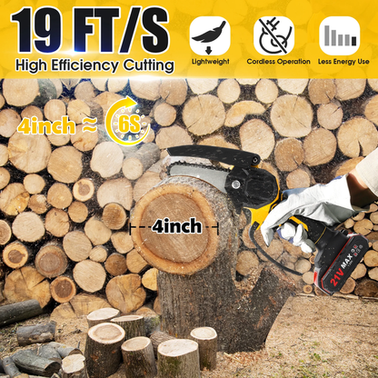 Rynx | 4 Inch Mini Chainsaw with 2 Batteries, Portable Wireless Lightweight Handheld Chainsaw