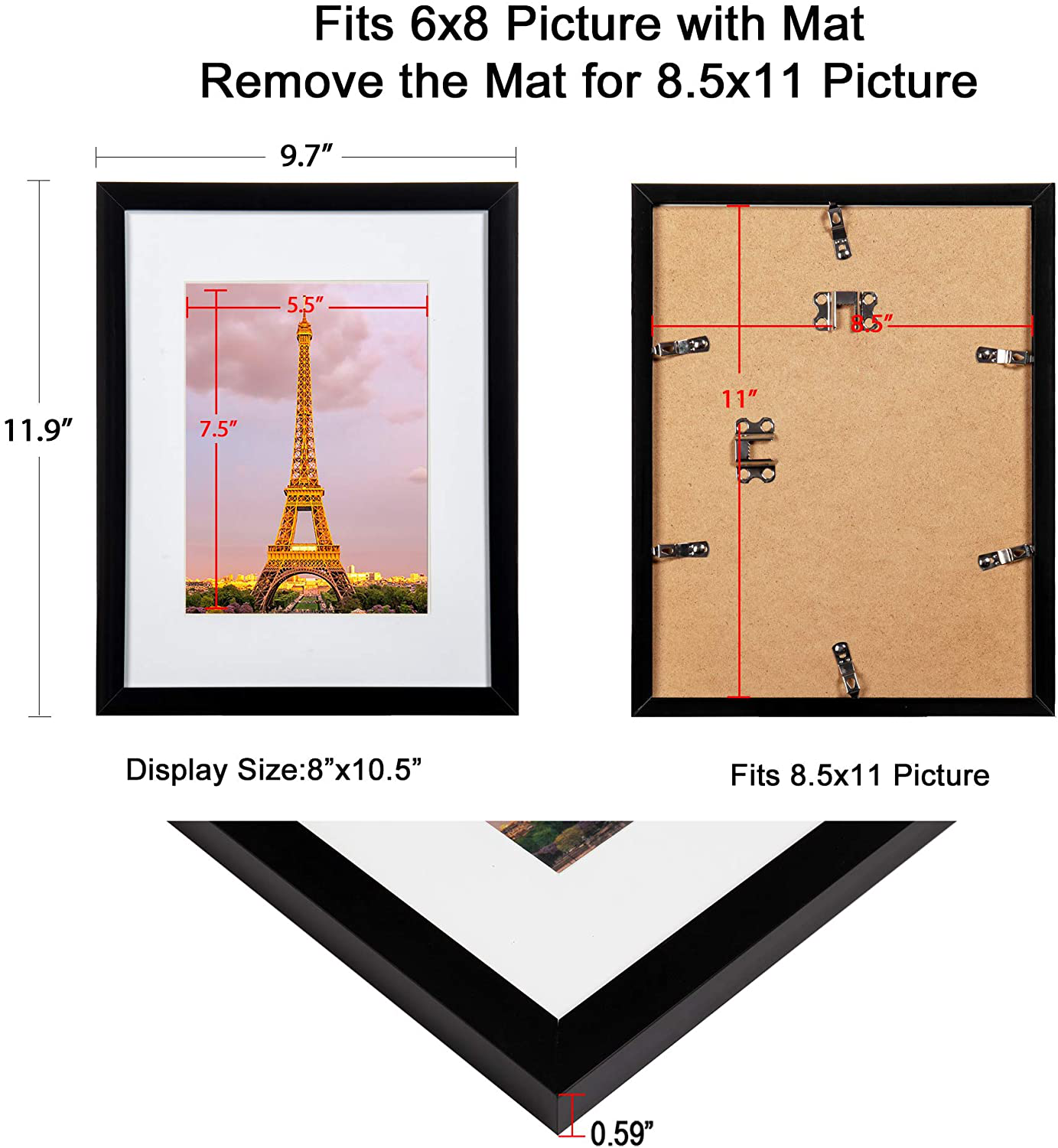 Rynx | upsimples 8.5x11 Picture Frame Set of 3, Made of high-resolution glass for 6x8 with mat or 8.5x11 without mat, Wall-mounted picture frame white
