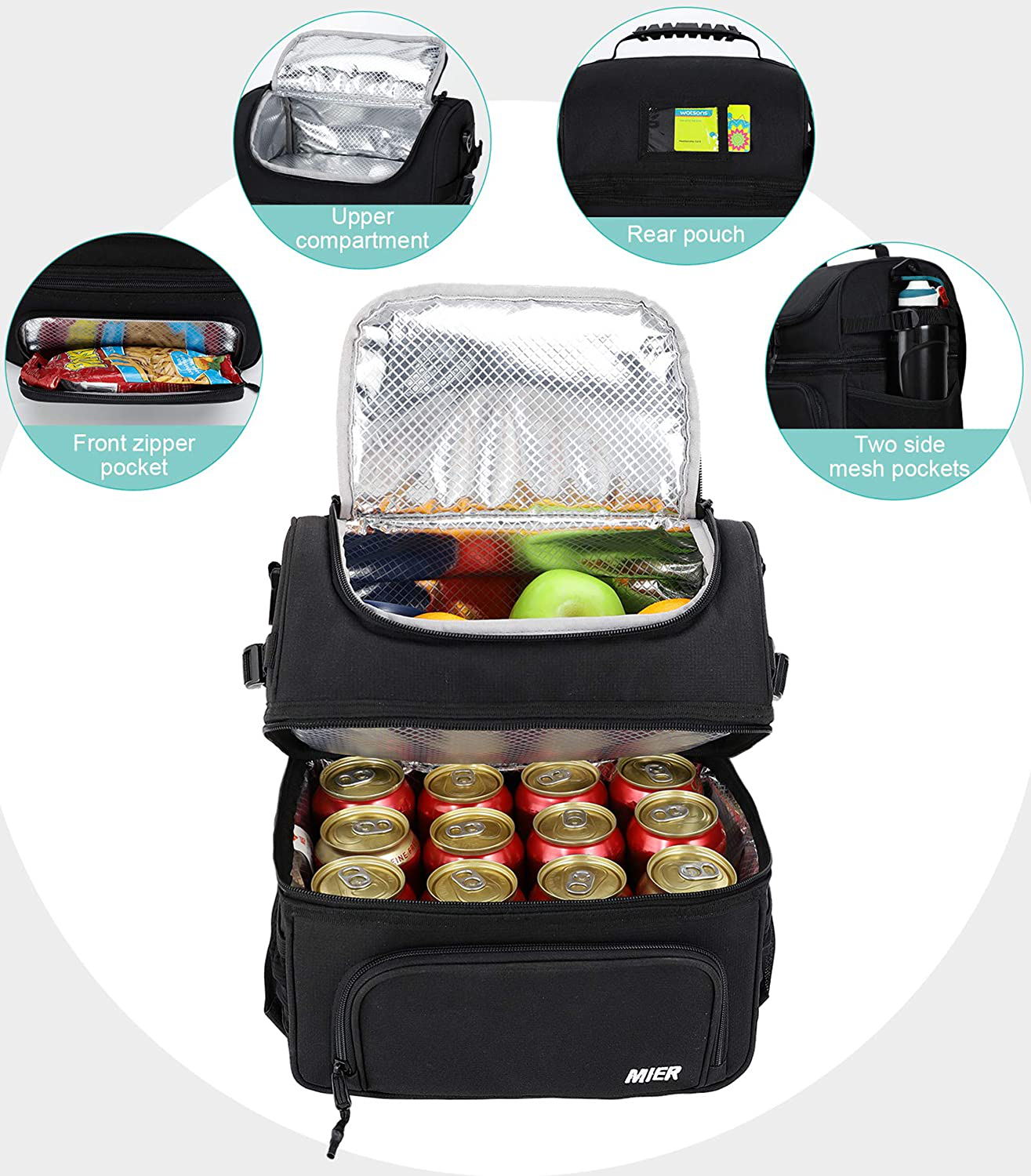 Rynx | Mier Dual Compartment Lunch Bag Tote with Shoulder Strap for Men and Women Insulated Leak-Proof Cooler Bag, Black