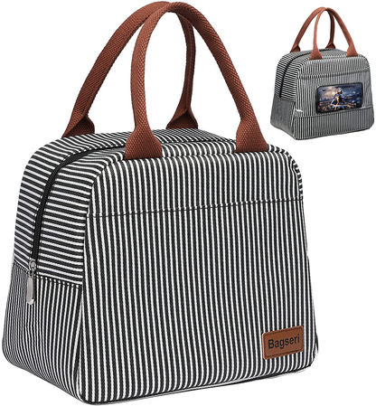 Rynx | Lunch bag, Bagseri Insulated Lunch Bags For Women And Men, With Transparent Phone Holder Pocket, Reusable Lunch Cooler Box Thermal Organizer, Waterproof Lining (Black White Stripes)