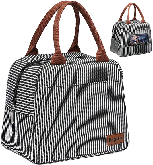 Rynx | Lunch bag, Bagseri Insulated Lunch Bags For Women And Men, With Transparent Phone Holder Pocket, Reusable Lunch Cooler Box Thermal Organizer, Waterproof Lining (Black White Stripes)