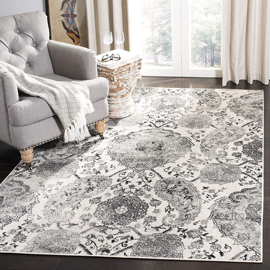 Rynx | Safavieh Madison Collection Mad600d Boho Chic Glam Paisley Non-Shedding Living Room Bedroom Area Rug, 5'3" X 5'3" Square, Cream / Silver