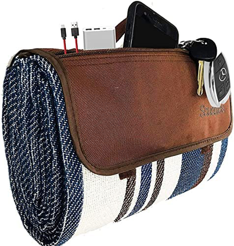 Rynx | Extra Large Picnic Blanket Double Layer for Outdoor Waterproof Practical Mat Tote Our Summer Blue and White Striped for the Beach, Camping on Grass