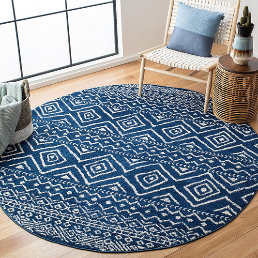 Rynx | Safavieh Tulum Collection TUL267N Moroccan Boho Distressed Non-Shedding Dining Room Entryway Foyer Living Room Bedroom Area Rug, 5' x 5' Round, Navy / Ivory