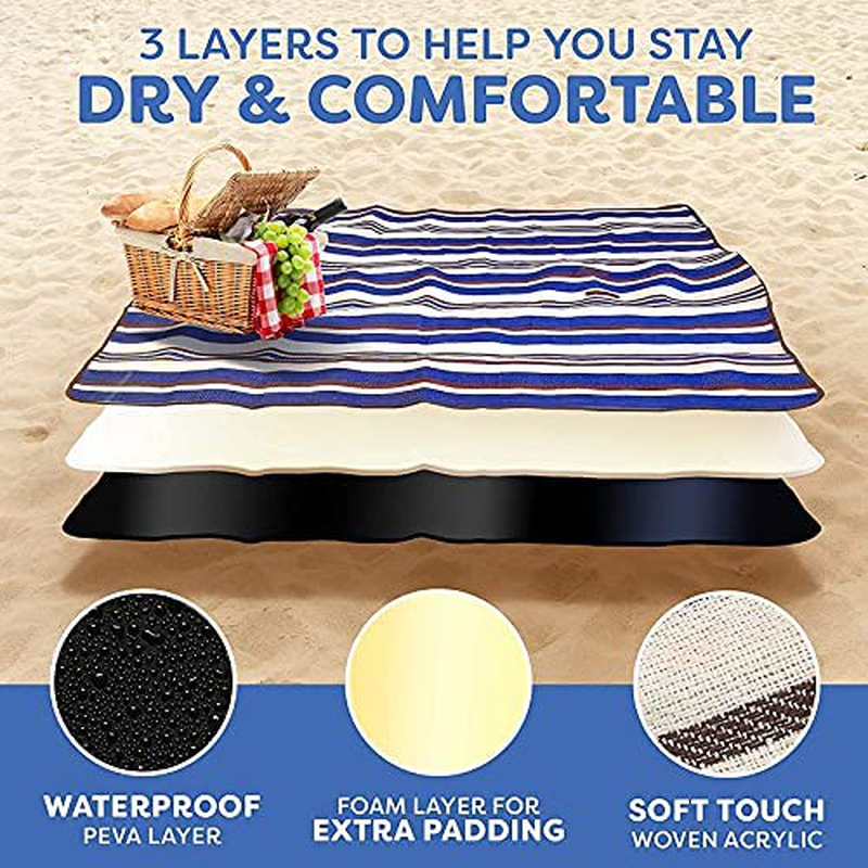 Rynx | Extra Large Picnic Blanket Double Layer for Outdoor Waterproof Practical Mat Tote Our Summer Blue and White Striped for the Beach, Camping on Grass