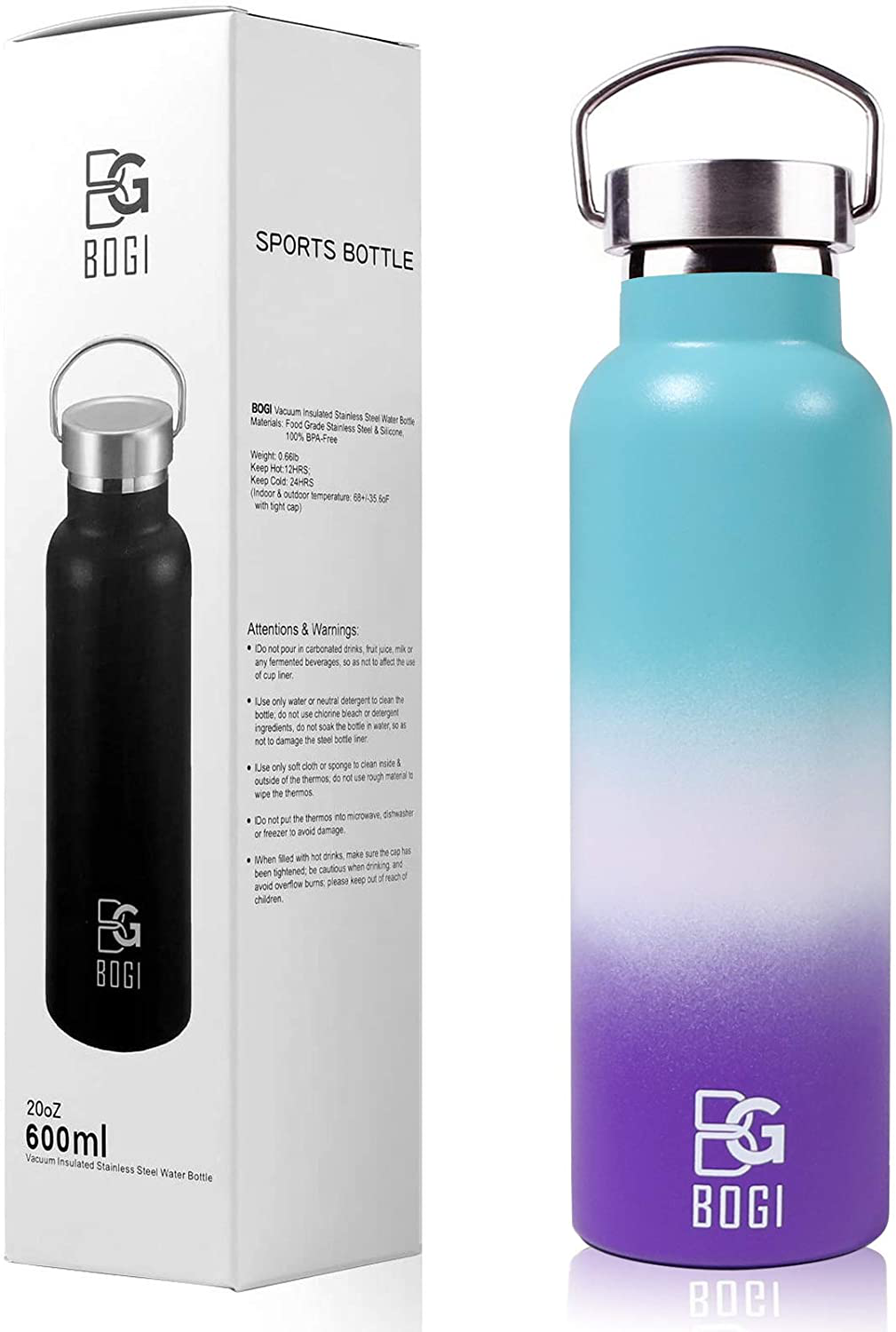 Rynx | BOGI 20oz Double Wall Vacuum Insulated Stainless Steel Water Bottle - Scratch Resistant & Eco-Friendly for Outdoor Sports Yoga Camping + Straw Flip Lid, 2 Straws & Cleaning Brush