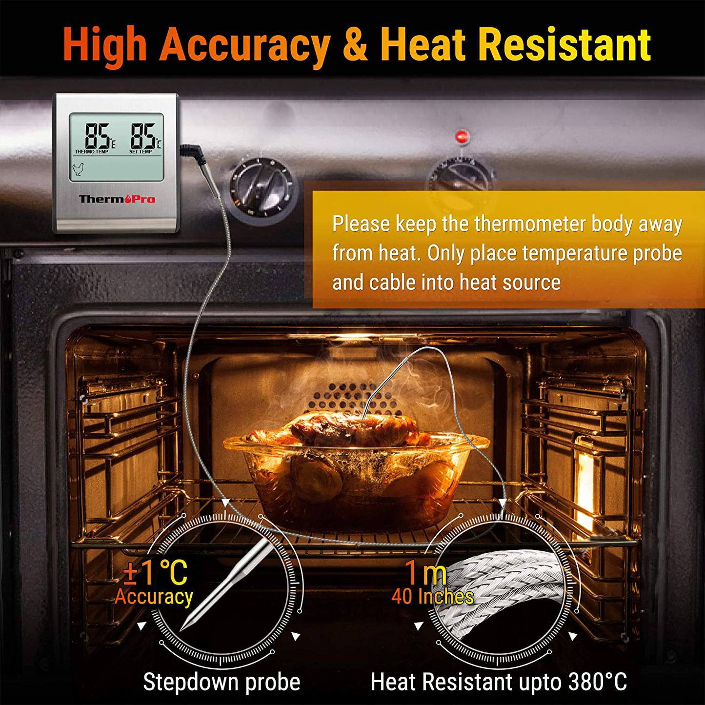 Rynx | ThermoPro TP-16 Large LCD Digital Cooking Mat Meat Smoker Kitchen BBQ Grill Thermometer Clock Timer with Stainless Steel Probe