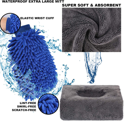 Rynx | AUTODECO 22Pcs Car Wash Cleaning Tools Set Car Detailing Set with Blue Leather Bag Collapsible Bucket Washing Mitt Sponge Towels Tire Brush Window Scraper Dust Mop Complete Interior Car Care Set