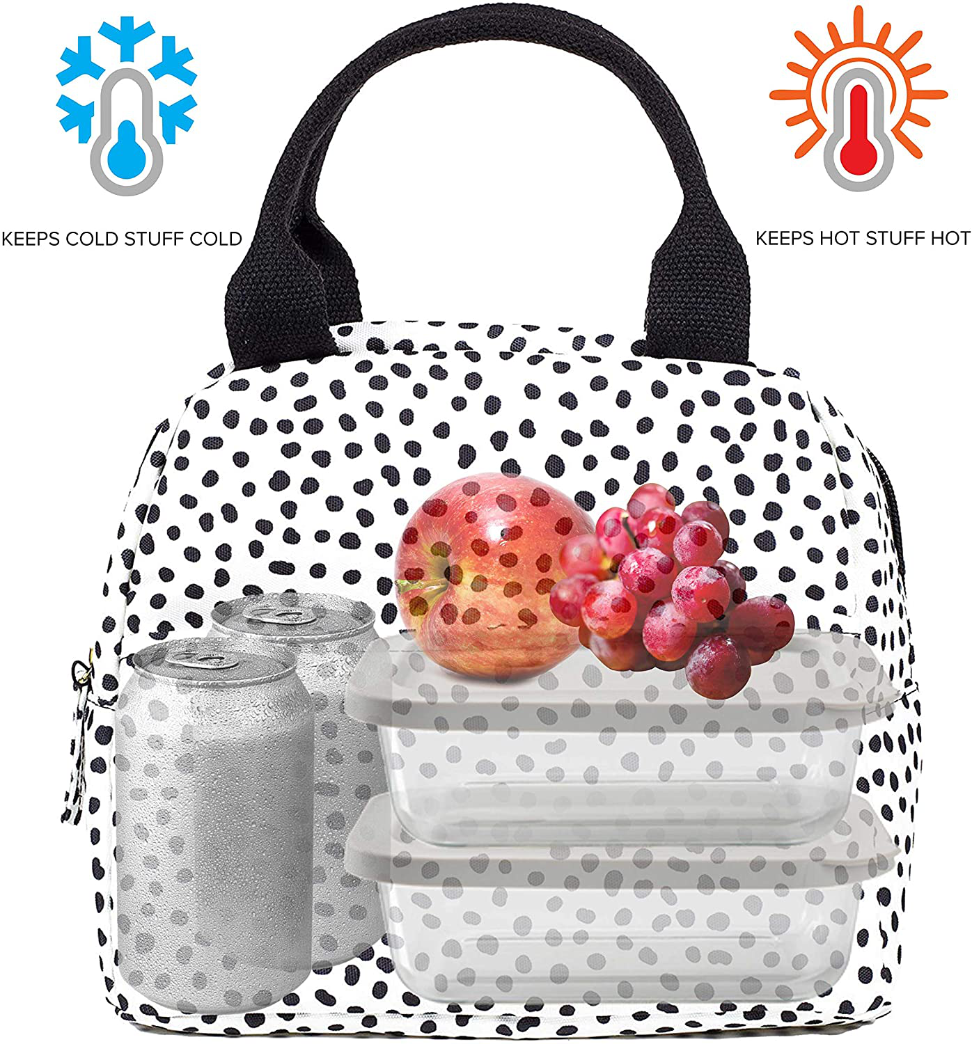 Rynx | Steel Mill & Co Lite Insulated Lunchbox, Large Capacity Reusable Cooler Tote With Zipper Closure, Pockets, Sturdy Handle, Black Dots