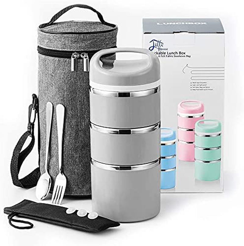 Rynx | Lille Home Stable Stainless Steel Thermal Compartment Lunch/Snack Box, 3-Layer Insulated Bento/Food Container With Upgraded Lunch Bag, Portable Cutlery Set And 3 Extra Silicone Seals, 43oz, Pink
