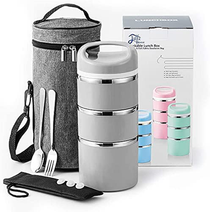 Rynx | Lille Home Stable Stainless Steel Thermal Compartment Lunch/Snack Box, 3-Layer Insulated Bento/Food Container With Upgraded Lunch Bag, Portable Cutlery Set And 3 Extra Silicone Seals, 43oz, Pink