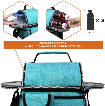 Rynx | Opux Insulated Dual Compartment Lunch Bag For Men, Women | Double Deck Reusable Lunch Box Cooler Bag With Shoulder Strap, Soft Leakproof Lining | Large Lunch Box Tote For Work, School (Turquoise)