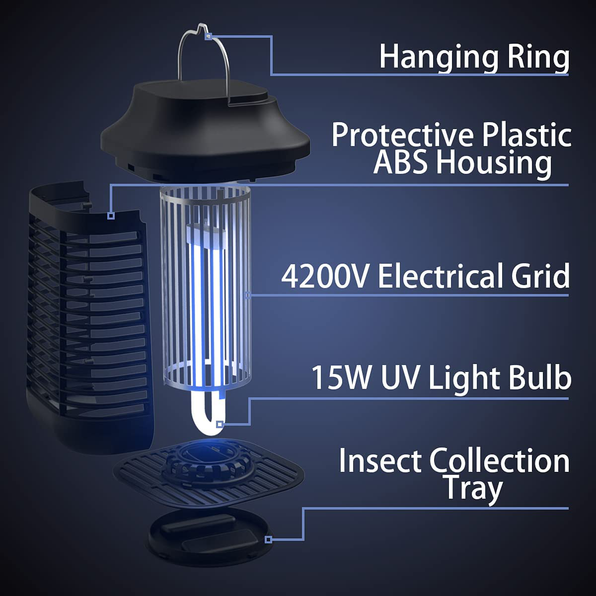 Rynx | Bug Zapper Outdoor/Indoor, 4200v High Performance Waterproof Electronic Mosquito Killer, 15w Uva Mosquito Lamp Bulb, Fly Traps Patio Insect Killer, Trap Killer For Home, Kitchen, Backyard, Camping