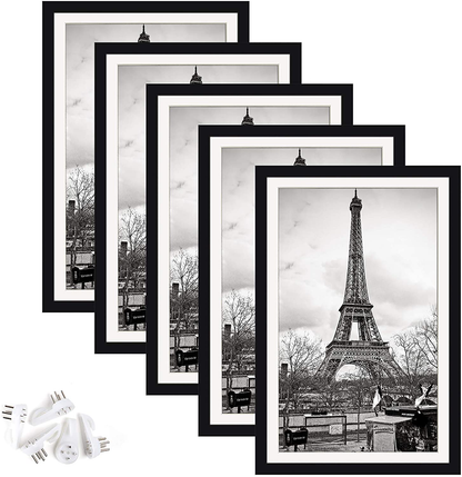 Rynx | upsimples 11x17 picture frame set with 5, display images 9x15 with mat or 11x17 without mat, wall gallery photo frames, black