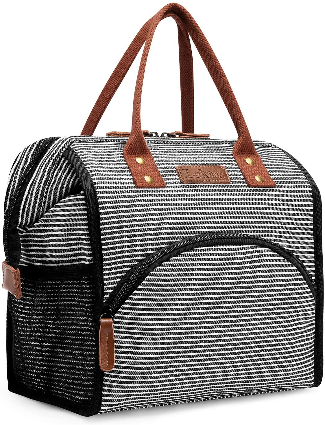 Rynx | Lokass Lunch Bag Insulated Lunch Box Wide Open Lunch Tote Bag Large Drink Holder Durable Canvas Thermal Snack Organizer For Women Men Adults College Work Picnic Hiking Beach Fishing, Stripes
