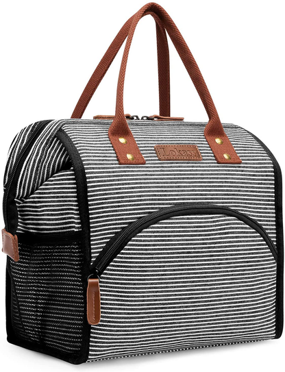 Rynx | Lokass Lunch Bag Insulated Lunch Box Wide Open Lunch Tote Bag Large Drink Holder Durable Canvas Thermal Snack Organizer For Women Men Adults College Work Picnic Hiking Beach Fishing, Stripes
