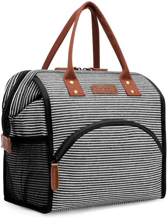 Rynx | Lokass Lunch Bag Insulated Lunch Box Wide Open Lunch Tote Bag Large Drink Holder Durable Canvas Thermal Snack Organizer For Women Men Adults College Work Picnic Hiking Beach Fishing, Stripes