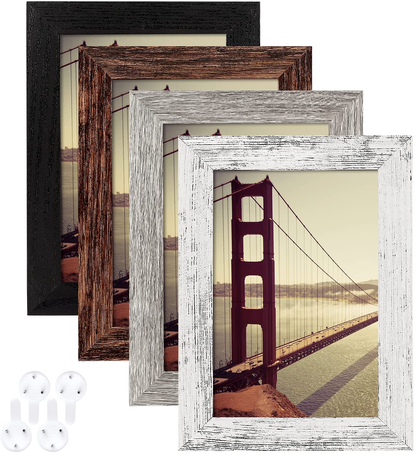 Rynx | 8x10 Picture Frame Worn Farmhouse Wood Pattern Set of 4 with Tempered Glass, Display Photos 5x7 with Mat or 8x10 without Mat, Horizontal and Vertical Formats for Wall and Table Mounting