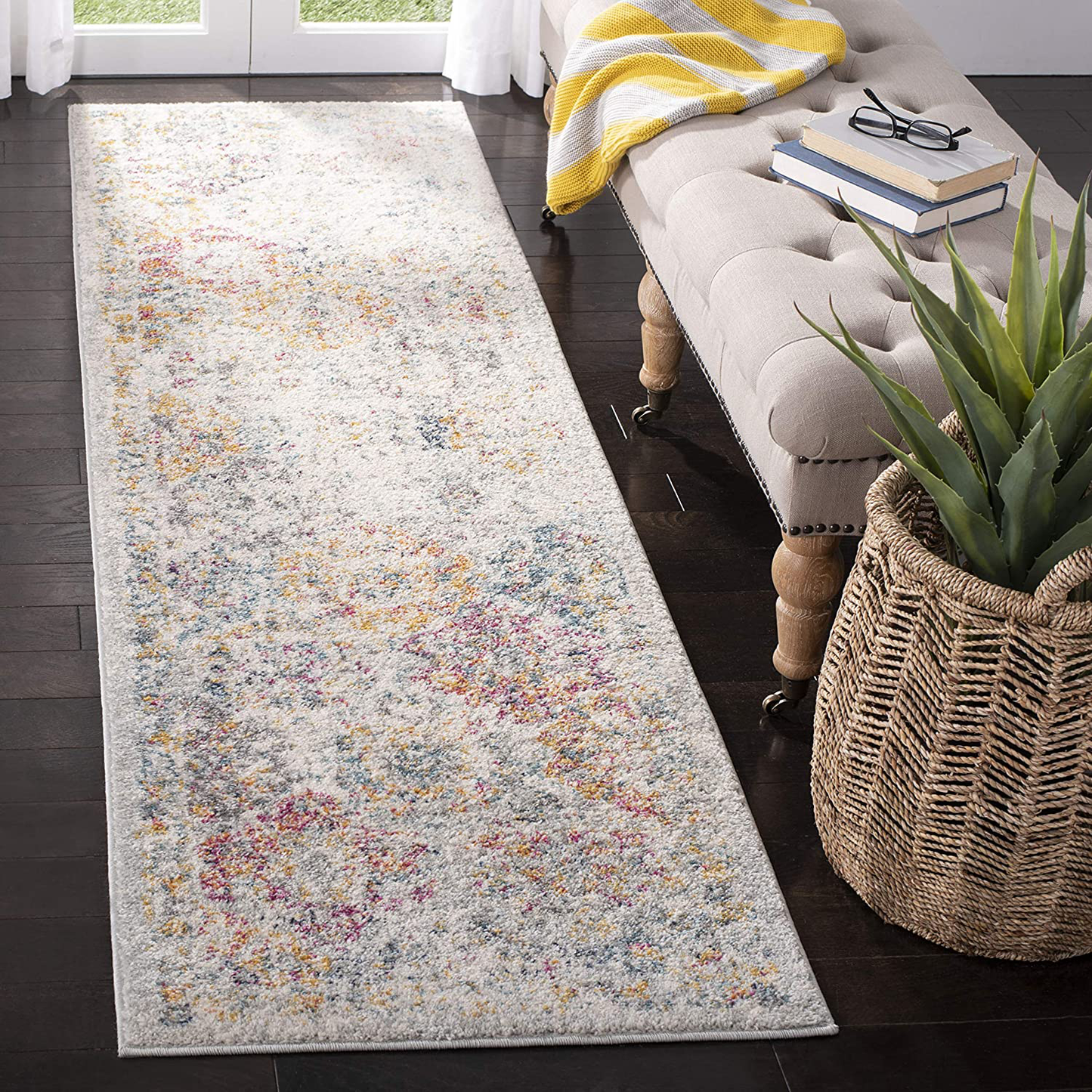 Rynx | Safavieh Madison Collection MAD611F Boho Chic Floral Medallion Trellis Distressed Non-Shedding Stain Resistant Living Room Bedroom Runner, 2'3" x 10', Gray / Gold