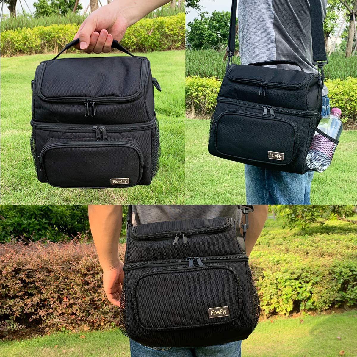 Rynx | Flowfly Double Layer Cooler Insulated Lunch Bag Adult Lunch Box Large Tote Bag For Men, Women, With Adjustable Strap, Front Pocket And Double Large Mesh Pockets, Lake Blue