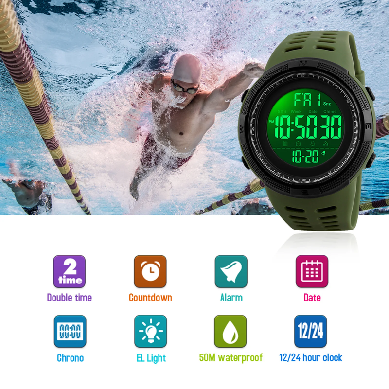 Rynx | Men's Waterproof Digital Sports Watch, Alarm, Backlight, Classic Large Dial