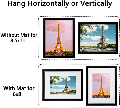 Rynx | upsimples 8.5x11 Picture Frame Set of 3, Made of high-resolution glass for 6x8 with mat or 8.5x11 without mat, Wall-mounted picture frame white