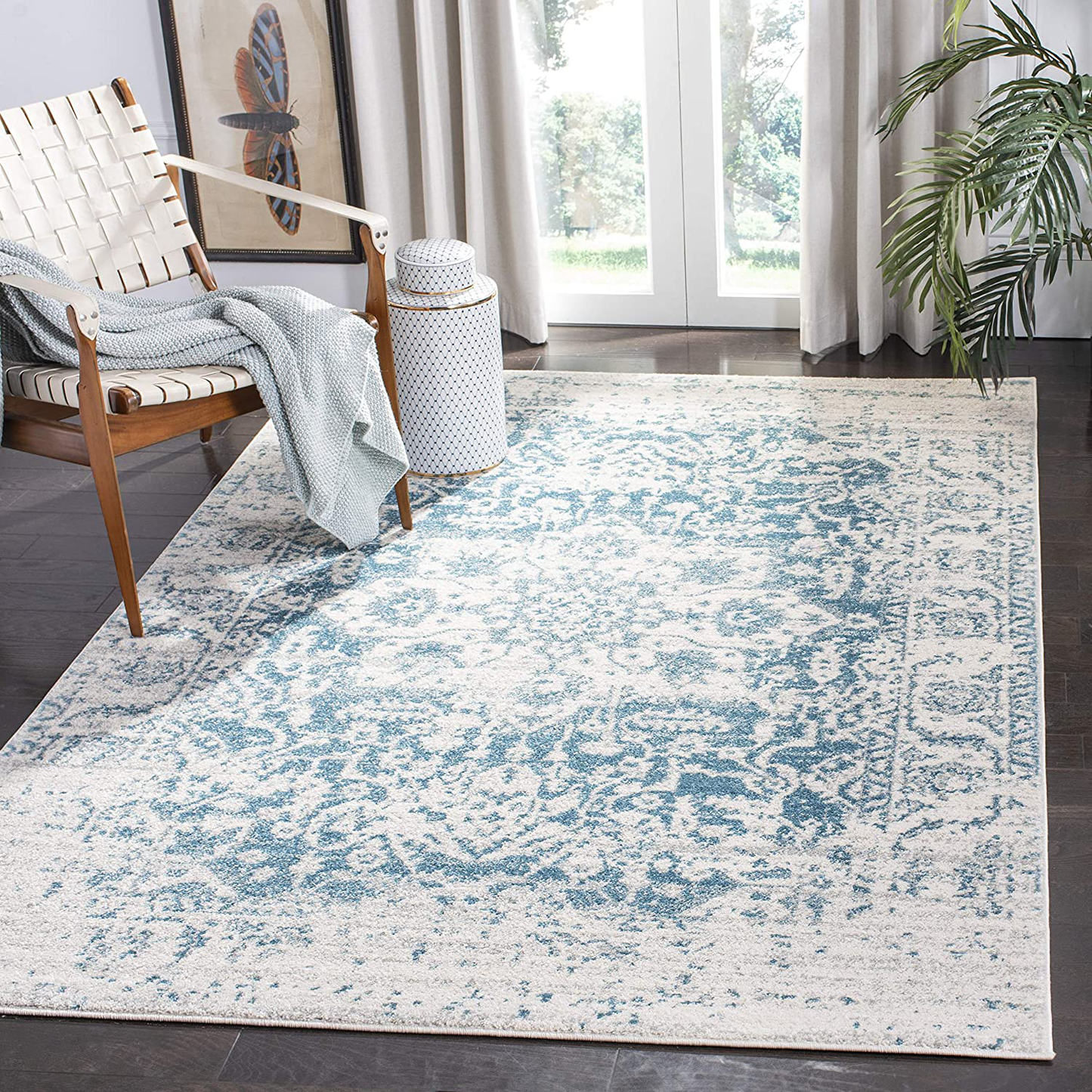 Rynx | Safavieh Madison Collection MAD603J Oriental Snowflake Medallion Distressed Non-Shedding Living Room Bedroom Area Rug, 5'3" x 5'3" Square, Teal / Ivory